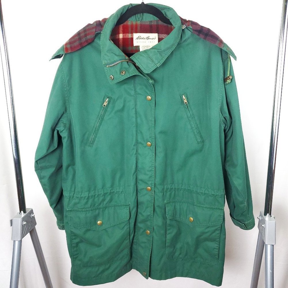 Vintage Eddie Bauer Wool-Lined Green Zip Up Utility Jacket with Plaid Lining